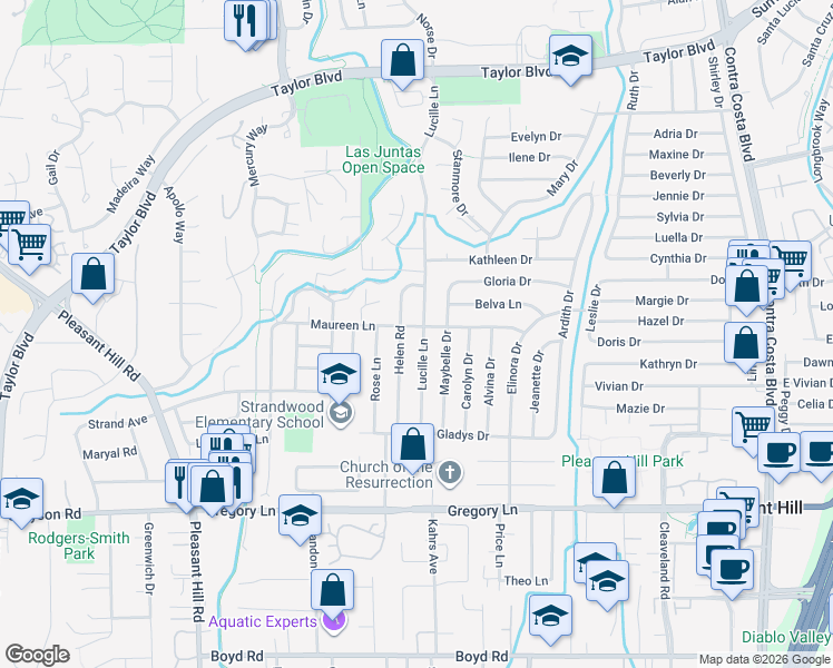 map of restaurants, bars, coffee shops, grocery stores, and more near 1906 Helen Road in Pleasant Hill