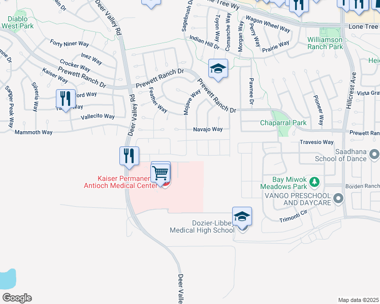 map of restaurants, bars, coffee shops, grocery stores, and more near 5457 Mojave Way in Antioch