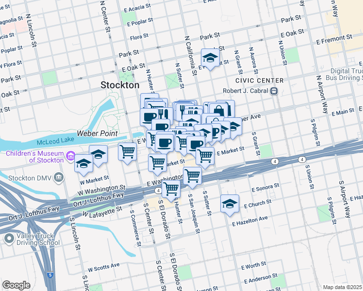 map of restaurants, bars, coffee shops, grocery stores, and more near 301 East Main Street in Stockton