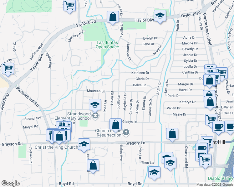 map of restaurants, bars, coffee shops, grocery stores, and more near 385 Maureen Lane in Pleasant Hill