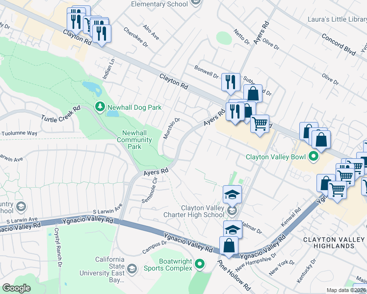 map of restaurants, bars, coffee shops, grocery stores, and more near 5074 Saint Patricia Court in Concord