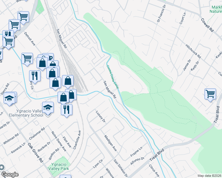 map of restaurants, bars, coffee shops, grocery stores, and more near 928 San Miguel Road in Concord