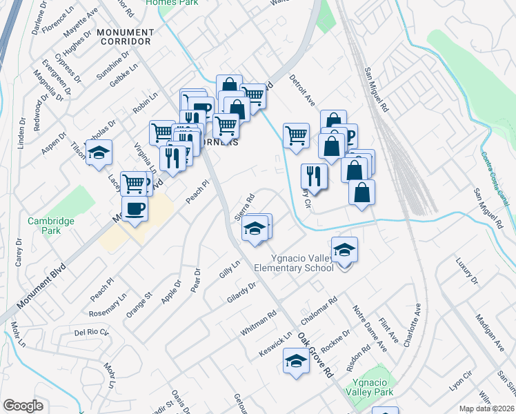 map of restaurants, bars, coffee shops, grocery stores, and more near 1036 Oak Grove Road in Concord