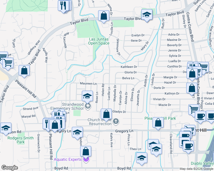 map of restaurants, bars, coffee shops, grocery stores, and more near 1906 Helen Road in Pleasant Hill