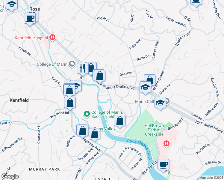 map of restaurants, bars, coffee shops, grocery stores, and more near 222 McAllister Avenue in Kentfield