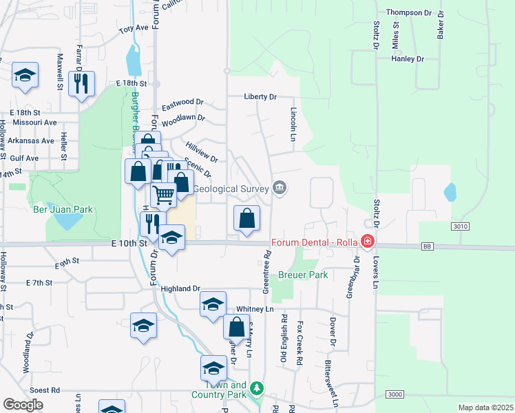 map of restaurants, bars, coffee shops, grocery stores, and more near 1420 Truman Avenue in Rolla