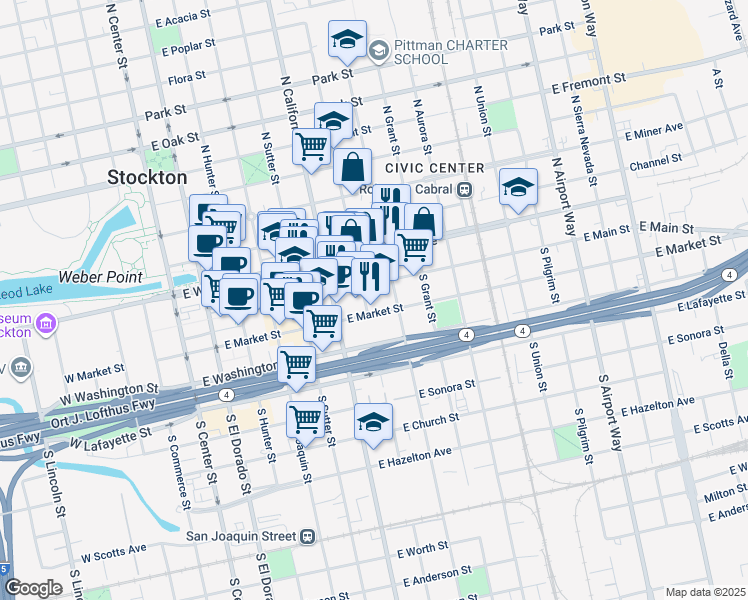 map of restaurants, bars, coffee shops, grocery stores, and more near 621 East Market Street in Stockton