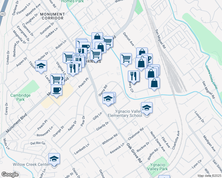 map of restaurants, bars, coffee shops, grocery stores, and more near 2036 Sierra Road in Concord