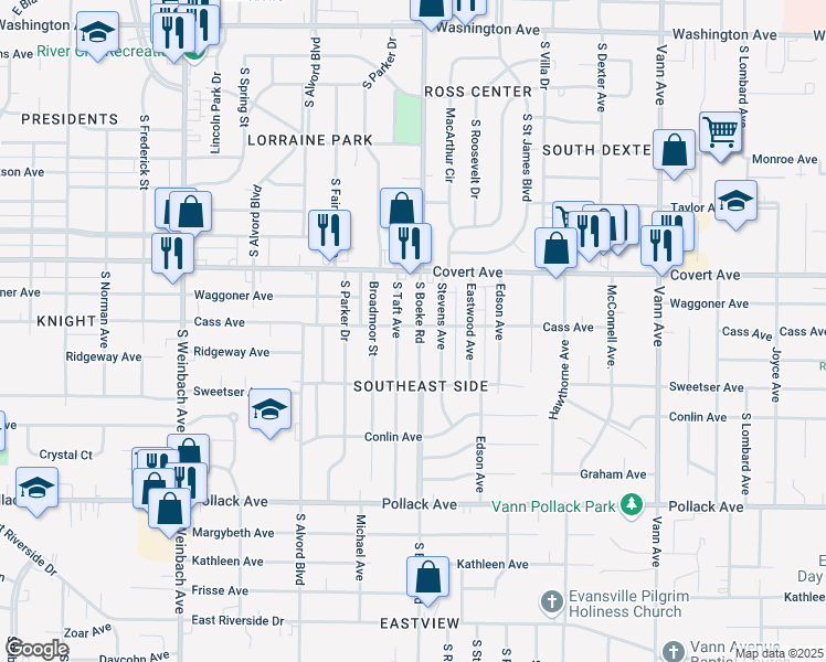 map of restaurants, bars, coffee shops, grocery stores, and more near 1709 South Boeke Road in Evansville