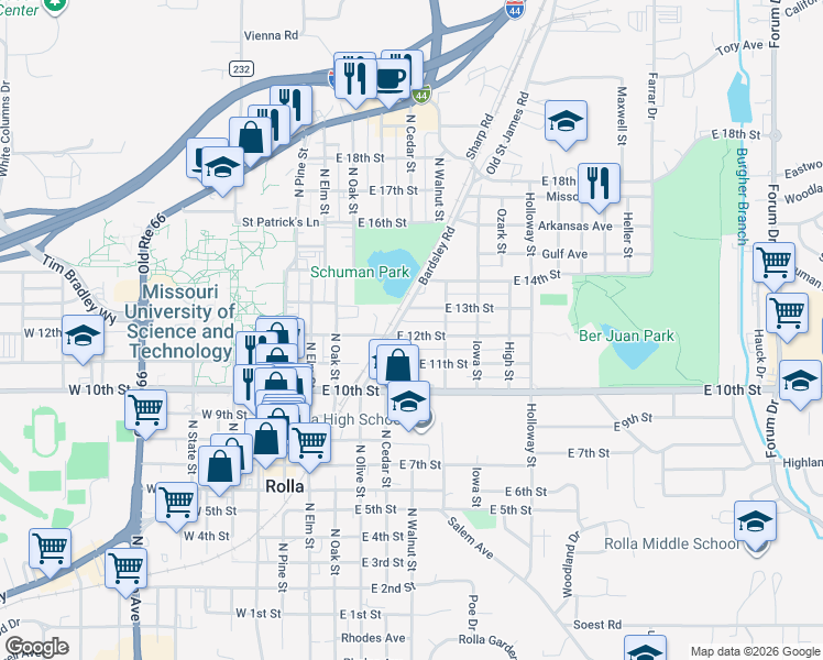 map of restaurants, bars, coffee shops, grocery stores, and more near 407 East 12th Street in Rolla
