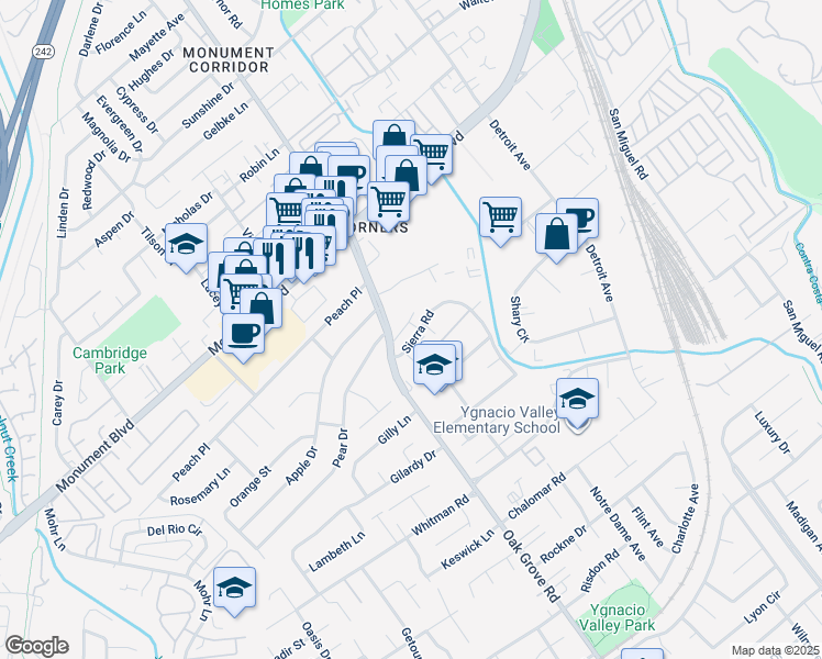 map of restaurants, bars, coffee shops, grocery stores, and more near 2013 Sierra Road in Concord