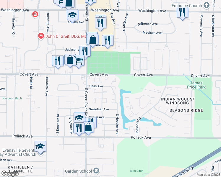 map of restaurants, bars, coffee shops, grocery stores, and more near 1700 South Hoosier Avenue in Evansville