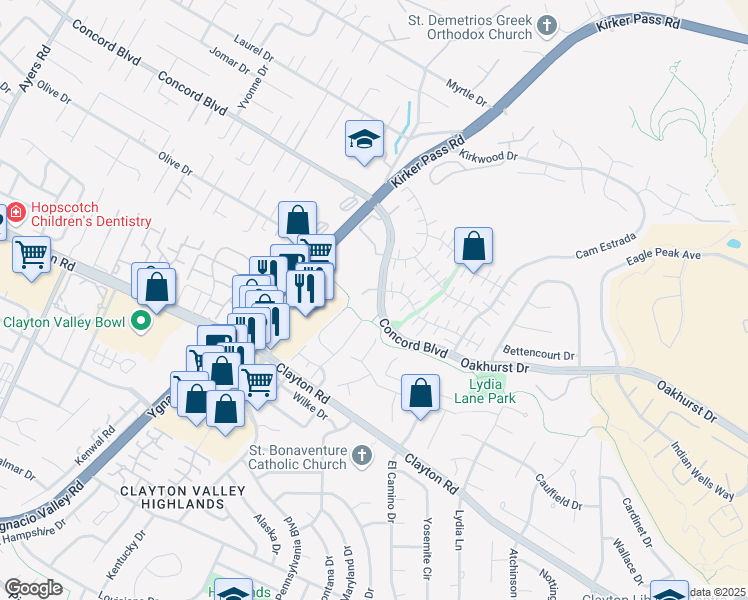 map of restaurants, bars, coffee shops, grocery stores, and more near 5460 Concord Boulevard in Concord