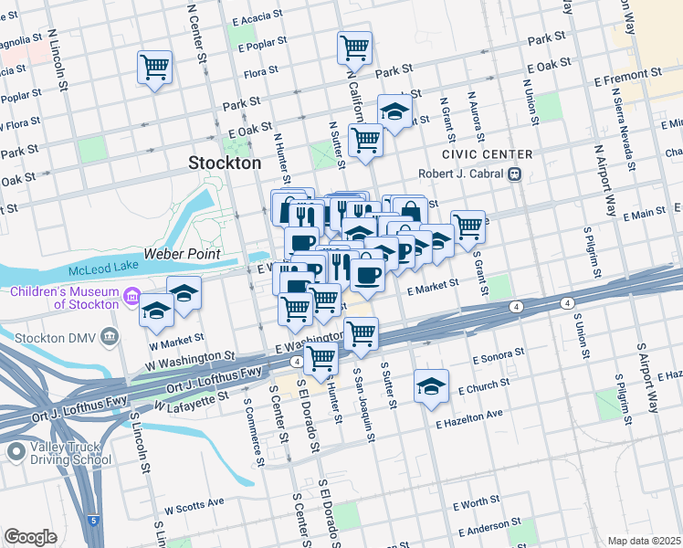 map of restaurants, bars, coffee shops, grocery stores, and more near 301 East Main Street in Stockton