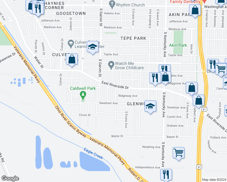 map of restaurants, bars, coffee shops, grocery stores, and more near 1715 South Linwood Avenue in Evansville