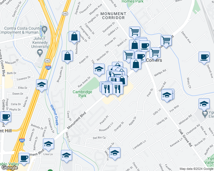 map of restaurants, bars, coffee shops, grocery stores, and more near 1520 Lacey Street in Concord