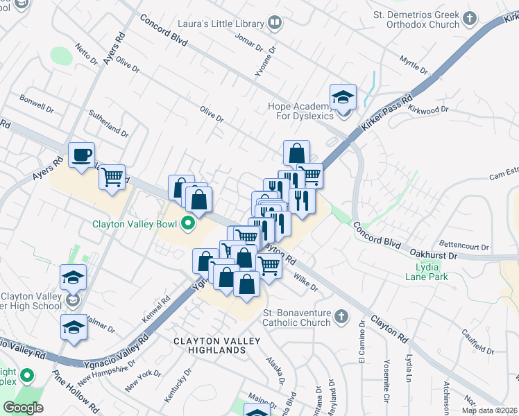 map of restaurants, bars, coffee shops, grocery stores, and more near 5399 Clayton Road in Concord
