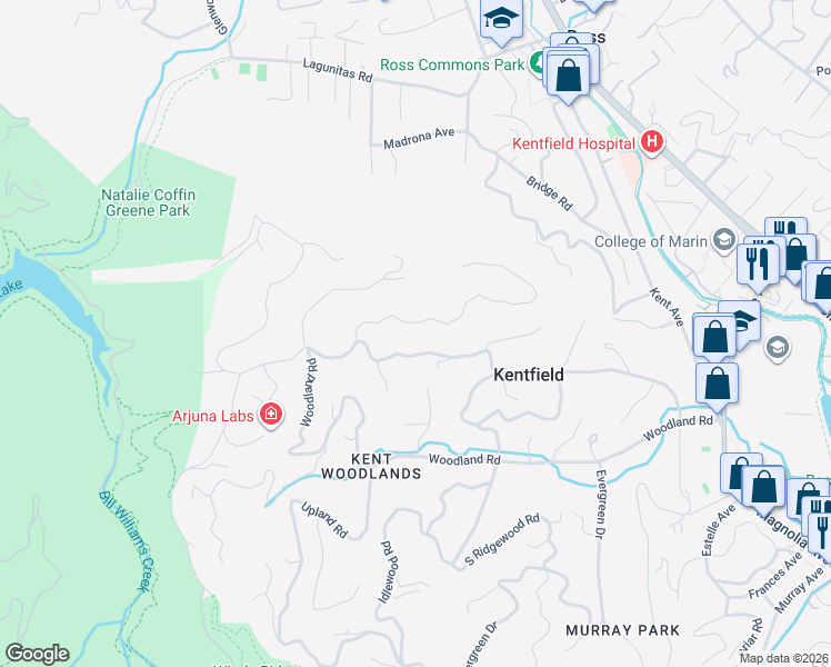 map of restaurants, bars, coffee shops, grocery stores, and more near 320 Goodhill Road in Kentfield