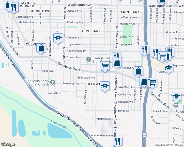 map of restaurants, bars, coffee shops, grocery stores, and more near 816 Ridgeway Avenue in Evansville
