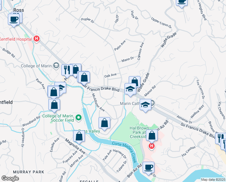 map of restaurants, bars, coffee shops, grocery stores, and more near 2 Rosebank Avenue in Kentfield