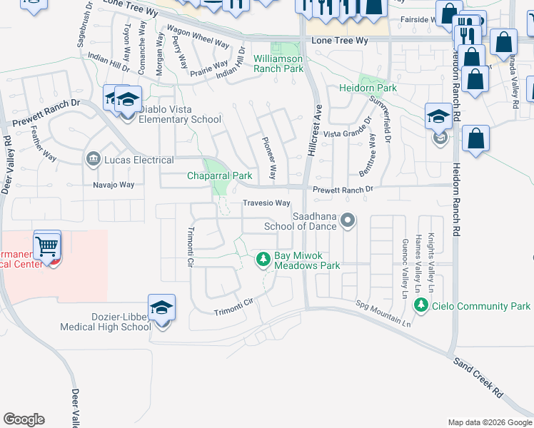map of restaurants, bars, coffee shops, grocery stores, and more near 5242 Prewett Ranch Drive in Antioch