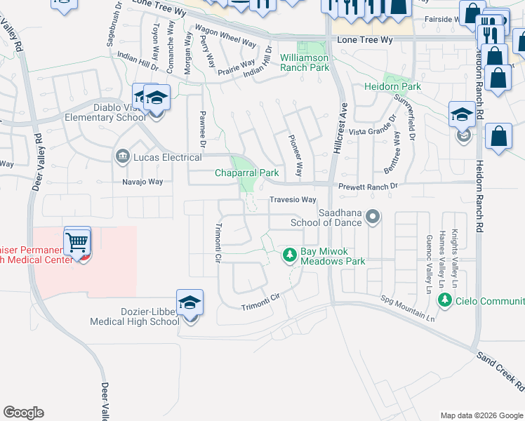 map of restaurants, bars, coffee shops, grocery stores, and more near 5245 Trimonti Circle in Antioch