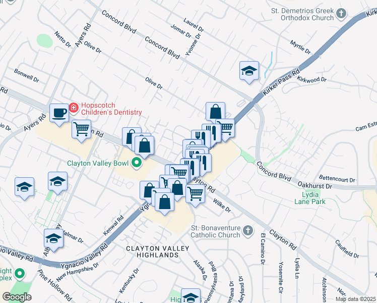 map of restaurants, bars, coffee shops, grocery stores, and more near 5399 Clayton Road in Concord