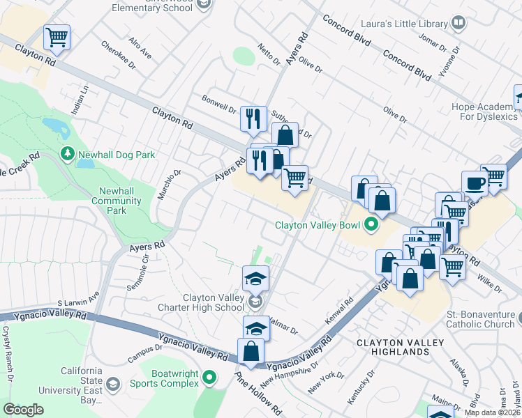 map of restaurants, bars, coffee shops, grocery stores, and more near 5157 Greenmeadow Drive in Concord