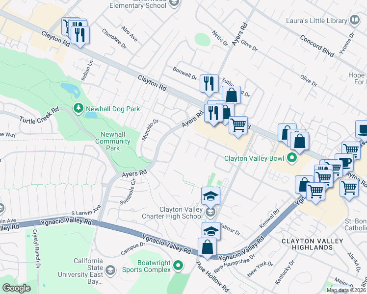 map of restaurants, bars, coffee shops, grocery stores, and more near 1381 Lichen Court in Concord