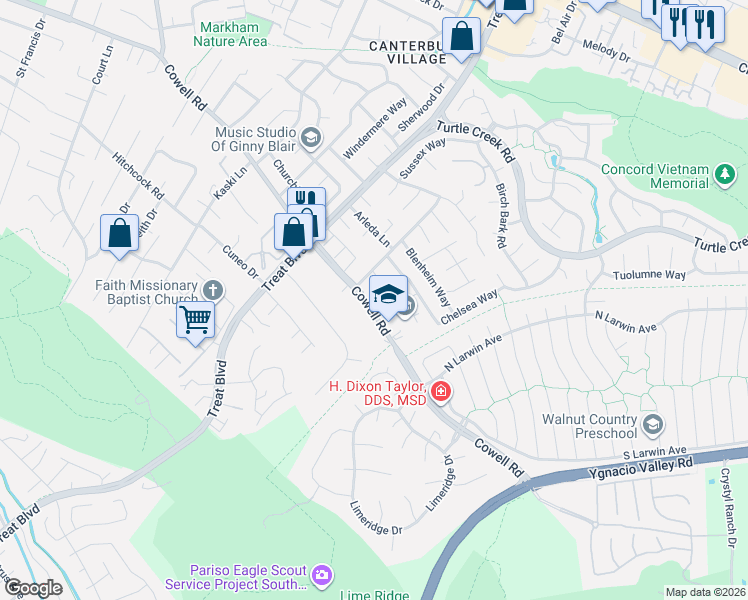 map of restaurants, bars, coffee shops, grocery stores, and more near 4336 Cowell Road in Concord