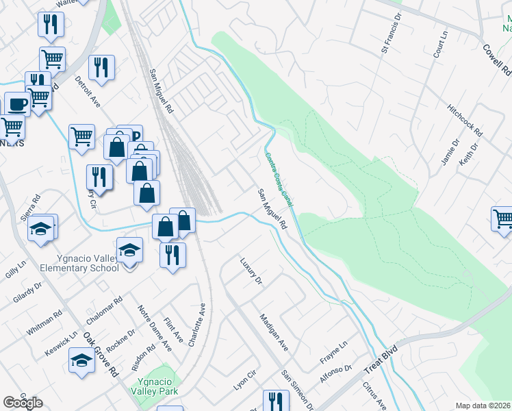 map of restaurants, bars, coffee shops, grocery stores, and more near 2970 Lane Drive in Concord