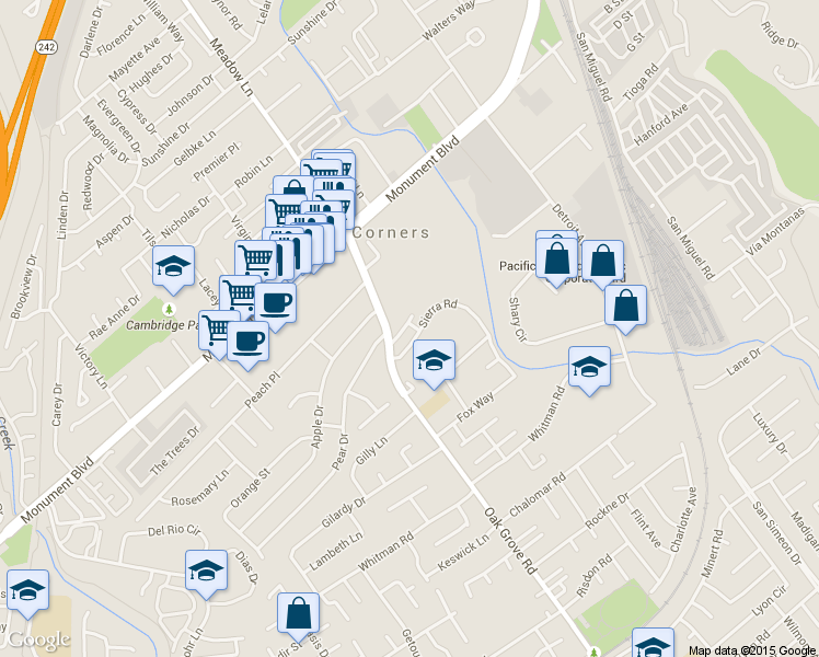 map of restaurants, bars, coffee shops, grocery stores, and more near 2005 Sierra Road in Concord