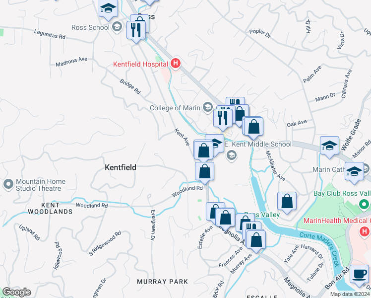 map of restaurants, bars, coffee shops, grocery stores, and more near 121 Kent Avenue in Kentfield