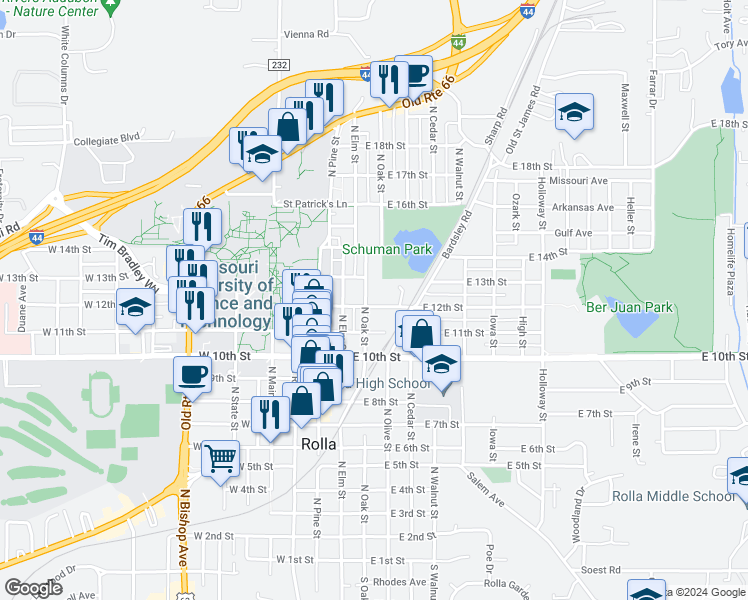 map of restaurants, bars, coffee shops, grocery stores, and more near 206 East 12th Street in Rolla