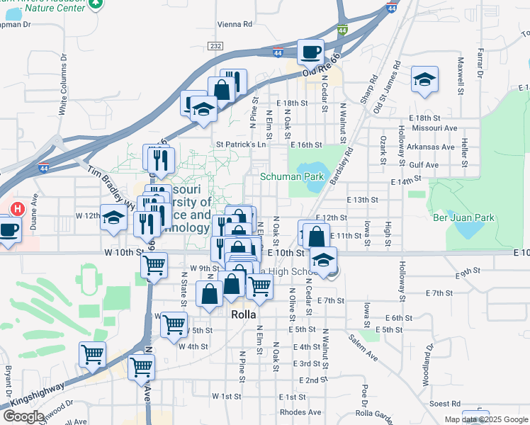 map of restaurants, bars, coffee shops, grocery stores, and more near 112 East 12th Street in Rolla