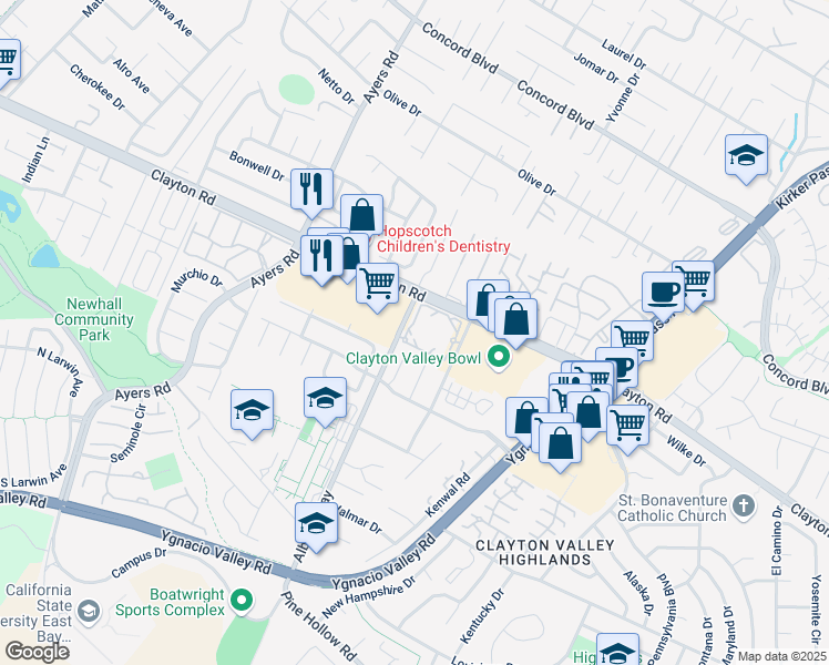 map of restaurants, bars, coffee shops, grocery stores, and more near 1455 Balhan Drive in Concord