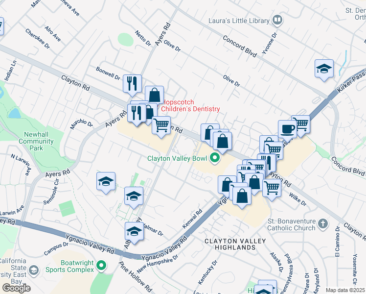 map of restaurants, bars, coffee shops, grocery stores, and more near 1475 Balhan Drive in Concord