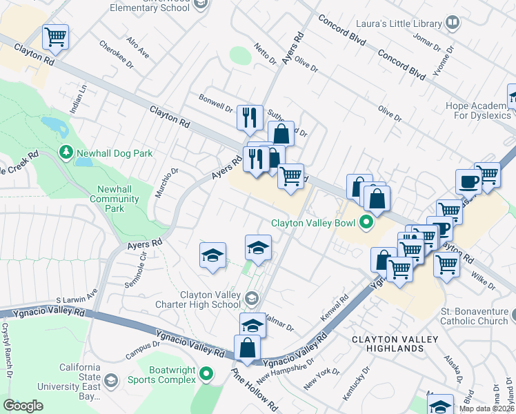 map of restaurants, bars, coffee shops, grocery stores, and more near 5157 Greenmeadow Drive in Concord
