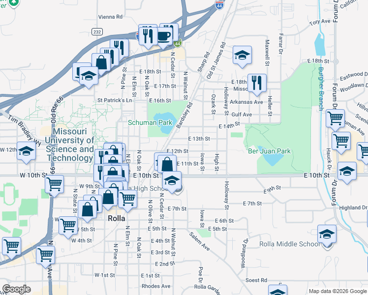 map of restaurants, bars, coffee shops, grocery stores, and more near 510 East 12th Street in Rolla