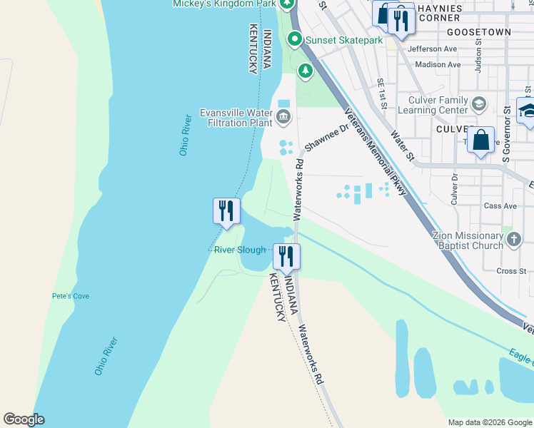 map of restaurants, bars, coffee shops, grocery stores, and more near 1725 Riverview Court in Evansville