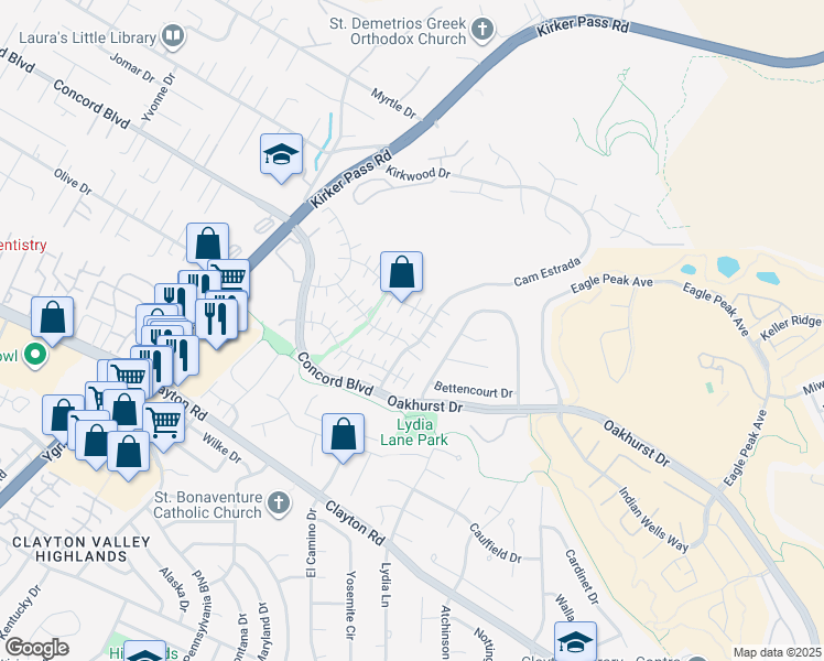 map of restaurants, bars, coffee shops, grocery stores, and more near 1835 Camino Estrada in Concord