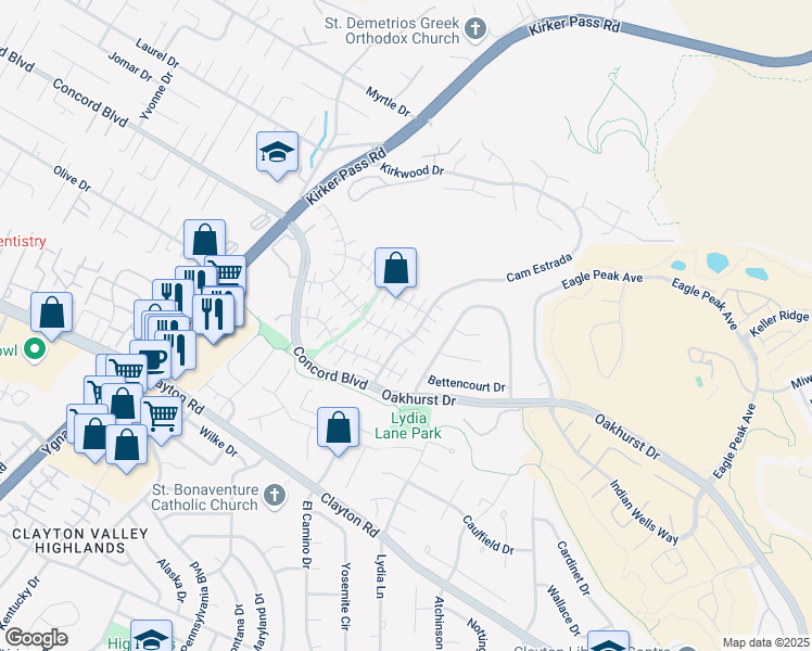 map of restaurants, bars, coffee shops, grocery stores, and more near 1835 Camino Estrada in Concord