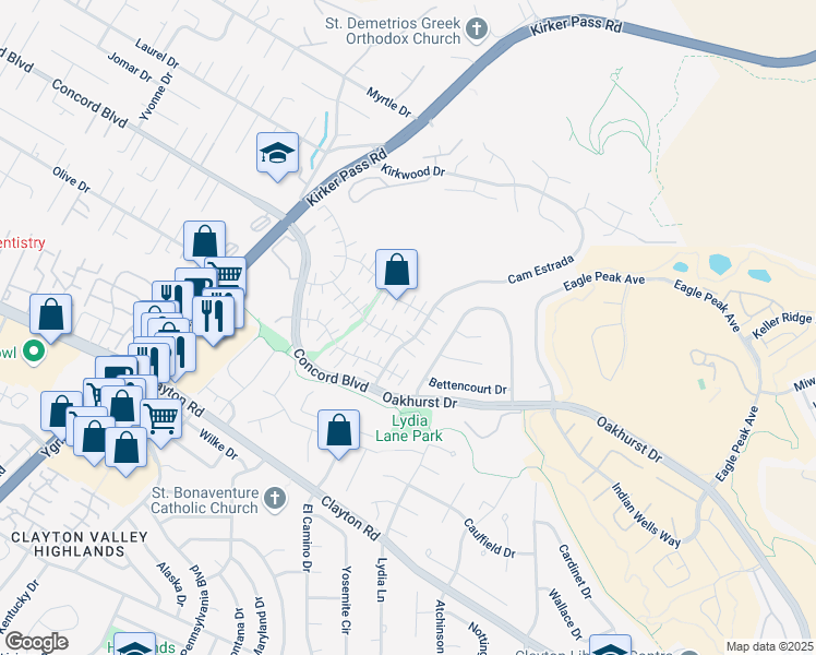 map of restaurants, bars, coffee shops, grocery stores, and more near 1835 Camino Estrada in Concord