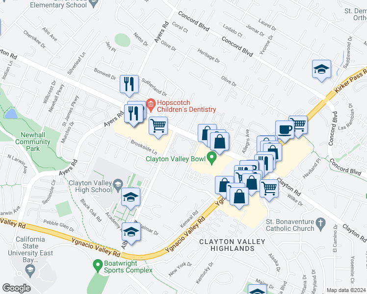 map of restaurants, bars, coffee shops, grocery stores, and more near 1451 Balhan Drive in Concord