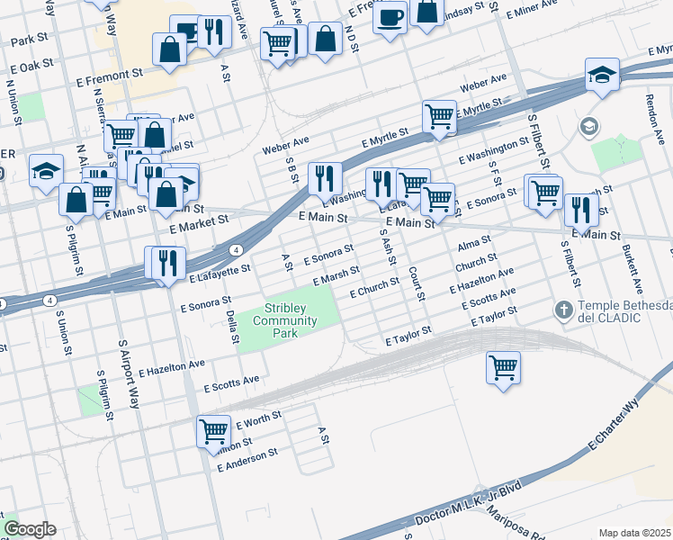 map of restaurants, bars, coffee shops, grocery stores, and more near 2015 East Marsh Street in Stockton