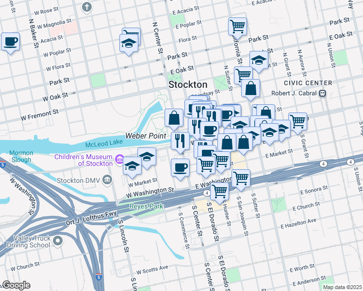 map of restaurants, bars, coffee shops, grocery stores, and more near East Weber Avenue in Stockton