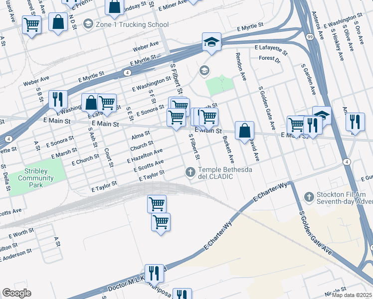 map of restaurants, bars, coffee shops, grocery stores, and more near 2454 East Scotts Avenue in Stockton