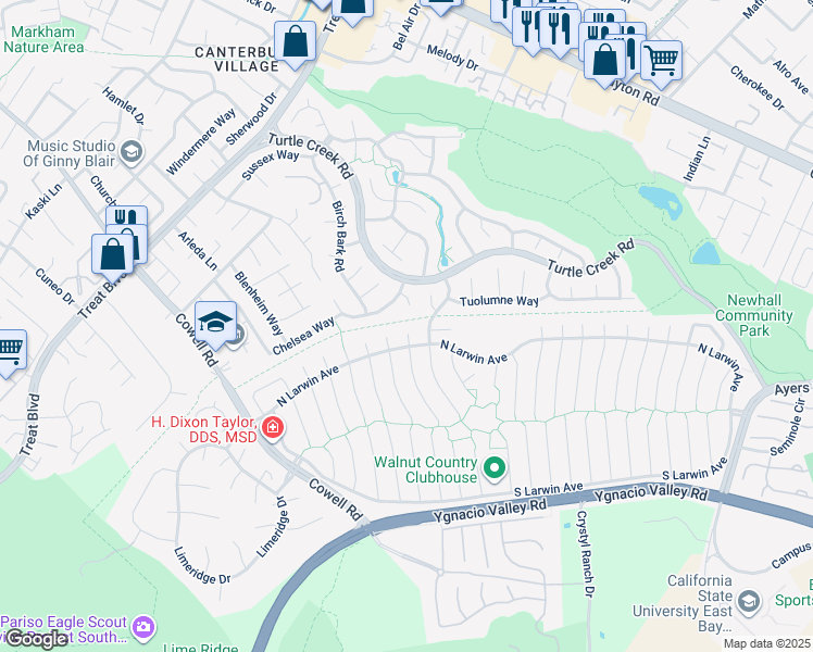 map of restaurants, bars, coffee shops, grocery stores, and more near 4390 North Marsh Elder Court in Concord