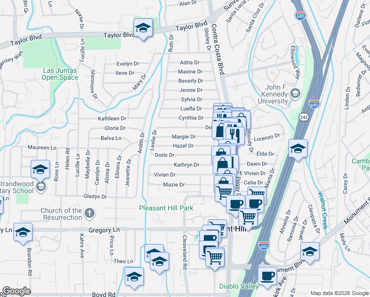 map of restaurants, bars, coffee shops, grocery stores, and more near 149 Doris Drive in Pleasant Hill