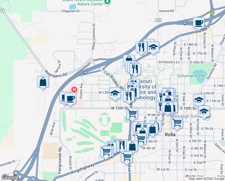 map of restaurants, bars, coffee shops, grocery stores, and more near 808 West 12th Street in Rolla